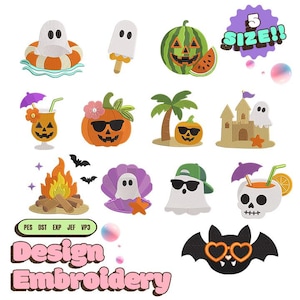 Sommarbroderipaket, tropiska Halloween-miniikoner (5 storlekar: 1 - 5 tum)