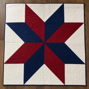 May include: A quilted star-shaped wall hanging in red, white, and navy blue. The star design is centered on a white background, with a navy blue border. The quilt is made of fabric and has a textured appearance.