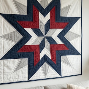 アメリカンスターキルトパターンPDF - 初心者向け愛国的なキルトデザイン - モダンな赤白青の壁掛け - 48x48 スターバーストキルト