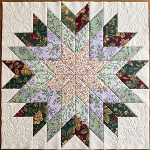 May include: A handcrafted quilt block featuring a starburst design. The star is composed of various floral patterned fabrics in shades of green, purple, and burgundy, set against a cream background. Decorative floral quilting is present in the corners.