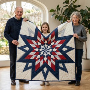 Puede incluir: Un edredón en forma de estrella en tonos rojo, blanco y azul marino. El edredón es sostenido por tres personas, mostrando su intrincado diseño. El patrón de estrella está centrado, con un diseño geométrico complejo. Los bordes del edredón están bordeados con tela azul marino.