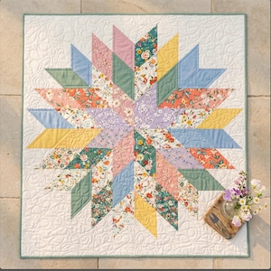 Può includere: Una trapunta fatta a mano con un motivo a stella. La trapunta presenta vari tessuti floreali e tinta unita in colori pastello, tra cui rosa, blu, giallo e verde. La trapunta è bordata con un bordo verde chiaro e ha uno sfondo bianco con motivi trapuntati.
