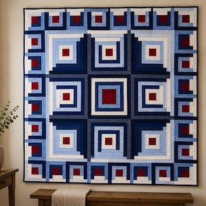 Könnte beinhalten: Eine große, quadratische Steppdecke mit geometrischem Design. Die Steppdecke zeigt ein Muster aus verschachtelten Quadraten in Blau-, Weiß- und Rottönen. Die Steppdecke hängt an einer Wand, darunter befindet sich eine Holzbank.