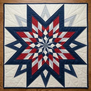 Puede incluir: Un edredón cuadrado con un diseño de estrella central en rojo, blanco y azul. La estrella está sobre un fondo blanco, enmarcada por un borde azul oscuro. El edredón parece hecho a mano, mostrando un patrón geométrico.