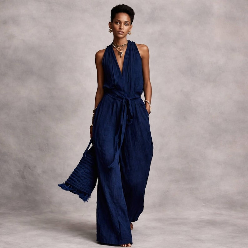 May include: A deep navy blue sleeveless jumpsuit featuring a V-neckline, a cinched waist with a matching tie belt, and wide-leg trousers. The garment has a textured fabric finish and is paired with a matching navy blue textured handbag.