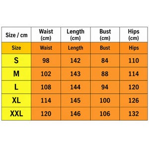 May include: A size chart table with a yellow header column and orange rows. The table lists sizes S, M, L, XL, and XXL with corresponding measurements in centimeters for waist, length, bust, and hips. The text is in black, sans-serif font.