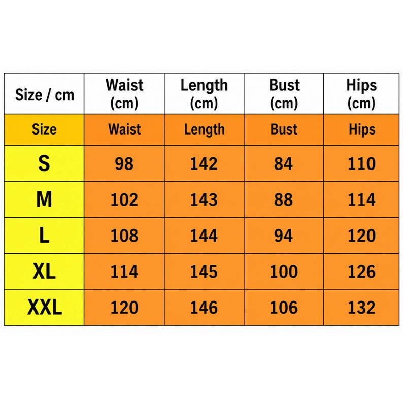 May include: A size chart table with a yellow header column and orange rows. The table lists sizes S, M, L, XL, and XXL with corresponding measurements in centimeters for waist, length, bust, and hips. The text is in black, sans-serif font.