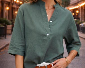 レディース ミニマル リネン混ブラウス、ソフトコットンサマーシャツ – デイリースタイル