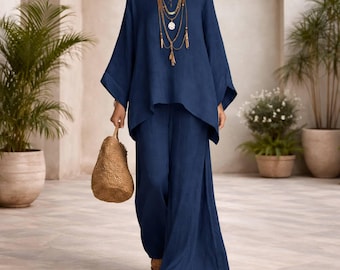 Conjunto elegante e fluido de duas peças para mulheres, com modelagem relaxada e conjunto combinando.