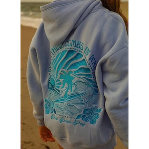 Pink Palm Puff Embroidered Hoodie - Everything Comes in Waves Sweatshirt - Warm Beach Pullover