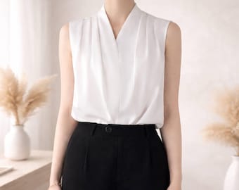Women Sleeveless V Neck Blouse, Elegant Work Top, Casual Office Shirt, Summer Formal Wear