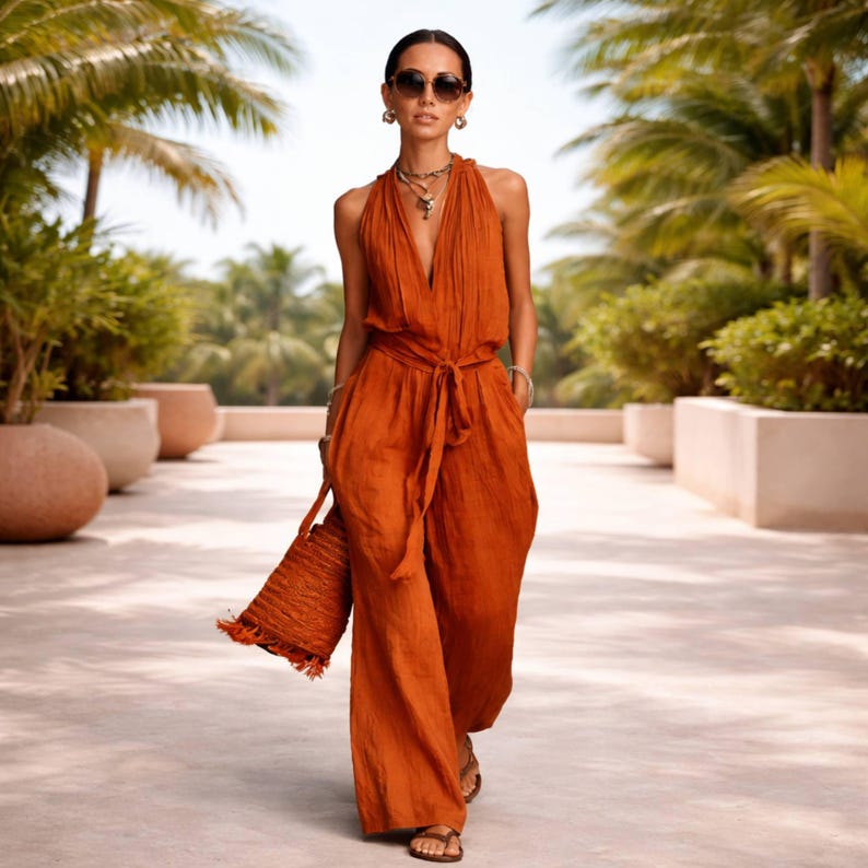 May include: A sleeveless, burnt orange jumpsuit featuring a deep V-neckline, a cinched waist with a matching tie belt, and wide-leg trousers. The garment is paired with a matching textured bucket bag and dark brown sandals.