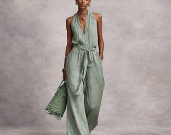 Women's Sleeveless Wide Leg Jumpsuit, Loose Fit Summer Outfit,Belted Lounge Jumpsuit
