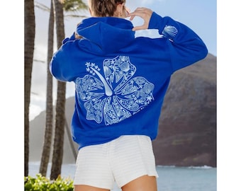 Sudadera con capucha bordada Pink Palm Puff, sudadera hawaiana de hibisco para mujer, regalo de cumpleaños