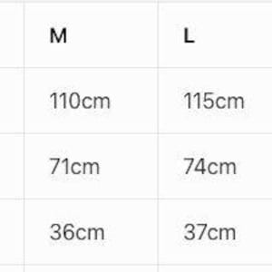 May include: A clothing size chart displaying measurements in centimetres. It details bust, length, and sleeve length for sizes S, M, L, XL, and 2XL. Bust measurements range from 105cm to 125cm, providing a guide for garment sizing.