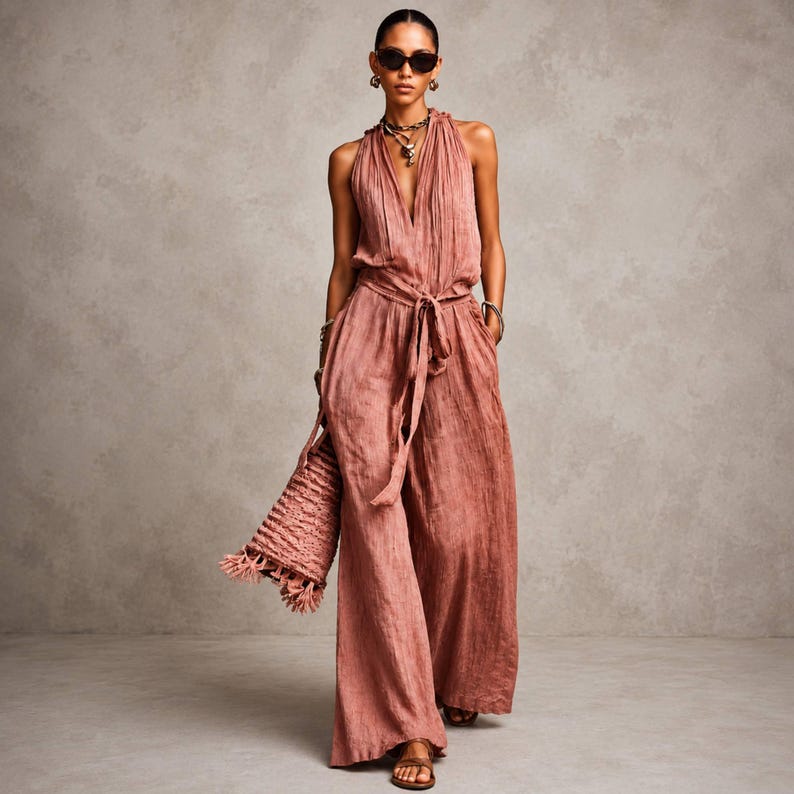 May include: A dusty rose sleeveless jumpsuit with a deep V-neckline, a cinched waist with a matching tie belt, and wide-leg trousers. The garment features a textured fabric and is paired with a matching woven handbag with fringe details.