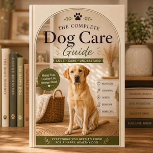 May include: A hardcover book titled The Complete Dog Care Guide featuring a yellow Labrador Retriever on the cover. The design includes text such as Love, Care, Understand, and lists topics like nutrition, grooming, health, behavior, and home care.