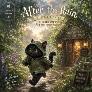 Op de afbeelding: Een zwarte kat met een groene regenjas met capuchon en een bruine rugzak rent over een regenachtig tuinpad. Tekst: 01 A SUDDEN SHOWER, After the Rain, A LITTLE LIGHTER, CHICKEN POT PIE WITH GARDEN HERBS, The Bog Witch's Hut, FORTUNE TEA HERBS, It started to rain...