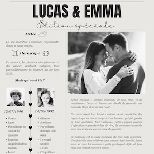 Gazette des mariés personnalisée – Journal de mariage A3 – Jeu mariage invités – Programme mariage PDF – Wedding newspaper