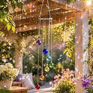 May include: A decorative wind chime with seven colorful crystal pendants suspended from silver chains. The crystals are in shades of red, orange, yellow, green, blue, and purple. The wind chime hangs from a wooden pergola in a garden setting.