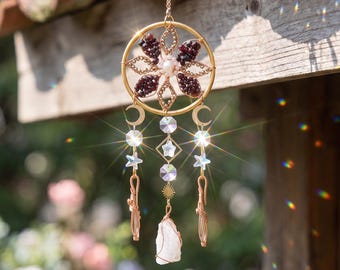Flower of Life Garnet and Clear Quartz Suncatcher,Rainbow Prism Moon Star Window Hanging,Boho Home and Garden Decor,Unique Handmade Gift