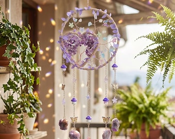 Heart Tree of Life Dreamcatcher Suncatcher,Natural Raw Crystal Wind Chime,Butterfly Mushroom Boho Window Hanging,Spiritual Home Decor Gift