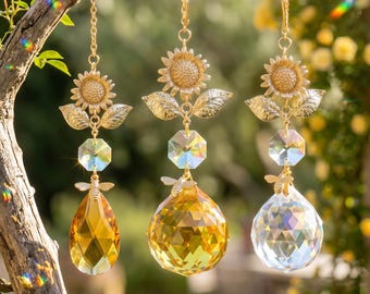 Sunflower Bee Crystal Suncatcher,Teardrop Rainbow Prism Window Hanging,Elegant Cottagecore Home and Garden Decor,Unique Ornament Gift