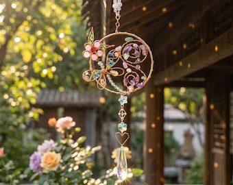 Dragonfly Natural Crystal Suncatcher,Colorful Stone Chip Window Hanging,Rainbow Prism Boho Wall Decor,Unique Spiritual Home Decor Gift