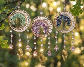 Tree of Life Natural Crystal Suncatcher,Handmade Stone Chip Window Hanging,Rainbow Prism Boho Wall Decor,Spiritual Healing Home Gift