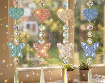 Glitter Heart Butterfly Suncatcher,Pastel Jelly Prism Window Hanging,Rainbow Maker for Garden Car Home Decor,Valentine Mother’s Day Gift