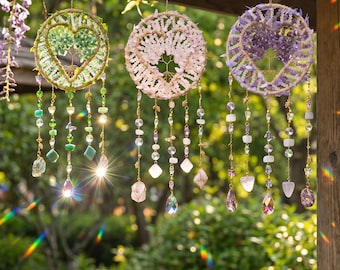 Heart Tree of Life Agate Crystal Suncatcher,Natural Agate Slice Window Hanging,Rainbow Prism Boho Wall Decor,Spiritual Garden Gift for Her