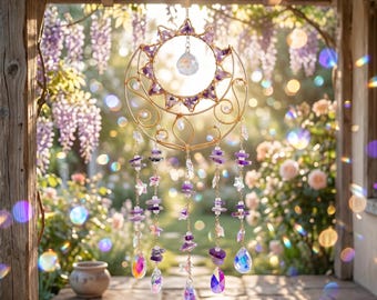 Celestial Crescent Sun Moon Crystal Suncatcher,Natural Amethyst Chip Wind Chime,Rainbow Prism Window Hanging,Boho Spiritual Wall Decor Gift