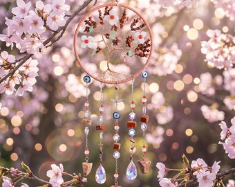 Peach Blossom Tree of Life Crystal Suncatcher,Evil Eye Natural Stone Window Hanging,Rainbow Prism Boho Wind Chime,Spiritual Home Decor Gift