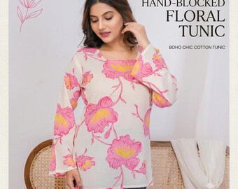 Hand-Blocked Floral Cotton Tunic, Pink Yellow Boho Blouse, Flare Sleeve Kurti