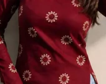 Maroon Floral Cotton Kurti | V-Neck Long Sleeve Tunic Top, Jaipur Print