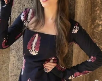 Indigo Hand Block Print Cotton Kurti | Square Neck Tunic Top, Jaipuri Ethnic Wear