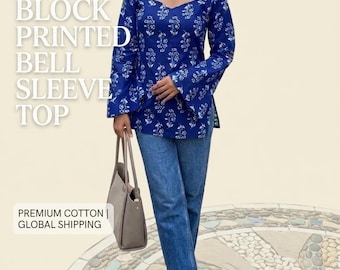 Royal Blue Block Print Cotton Tunic | Boho Bell Sleeve Square Neck Indian Kurti