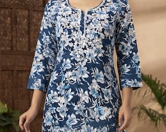 Blue Floral Cotton Kurti, Indian Ethnic Tunic Top, 3/4 Sleeve Summer Shirt