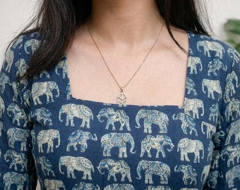Indigo Elephant Block Print Cotton Kurti, Square Neck Bell Sleeve Tunic Top