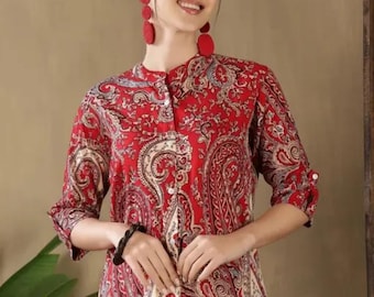 Paisley Print Cotton Tunic Shirt | Boho Ethnic Button-Down Kurti for Women