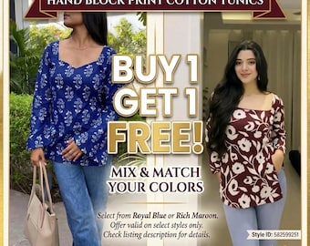Hand Block Print Cotton Tunic | Indian Boho Blouse, Summer Kurti (Buy 1 Get 1 Free)