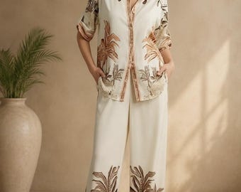Beige Botanical Print Co-Ord Set, Tropical Resort Wear Shirt and Pants Outfit