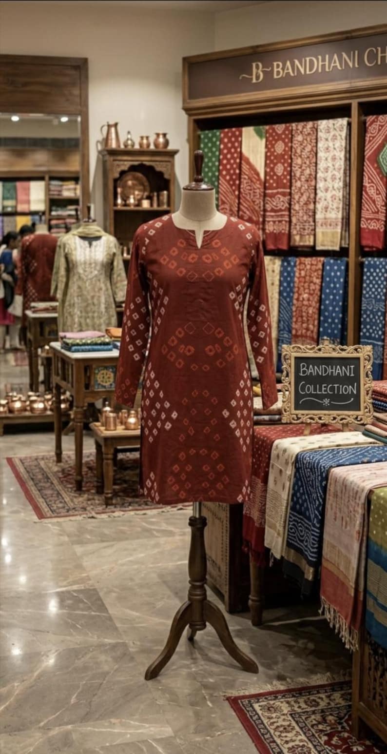 Puede incluir: Una t&uacute;nica granate de manga larga con un estampado de diamantes sobre un maniqu&iacute;. La t&uacute;nica se exhibe en una tienda con otras prendas y textiles. Un letrero dice "BANDHANI COLLECTION".