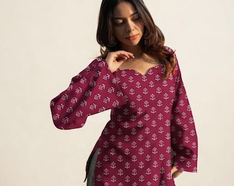 Maroon Floral Cotton Short Kurti | Square Neck Bell Sleeve Boho Tunic