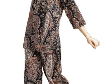 Black Paisley Cotton Co-ord Set, V Neck Tunic Wide Leg Pants, Ethnic Resortwear