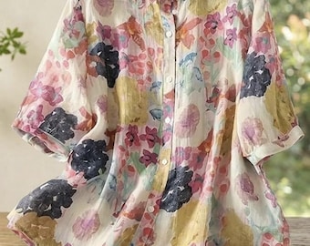 Summer Women’s Casual Button-Down Shirt with Multicolor Floral Print & Half Sleeves, Collar Neck
