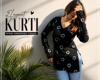Black Printed V-Neck Kurti | Ethnic Indian Tunic for Women | Comfortable Daily Wear Cotton Top
