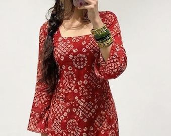 Kurti corto stampato / Top etnico a taglio dritto, Kurta a maniche lunghe con scollo quadrato