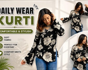 Women's Black Floral Print V-Neck Top with Bell Sleeves | Trendy Casual Wear