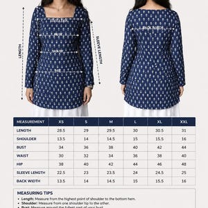May include: A navy blue Kurti measurement guide with front and back views. The guide includes measurements in inches for length, shoulder, bust, waist, hip, sleeve length, and back width, ranging from XS to XXL. The text "KURTI MEASUREMENT GUIDE" is at the top.